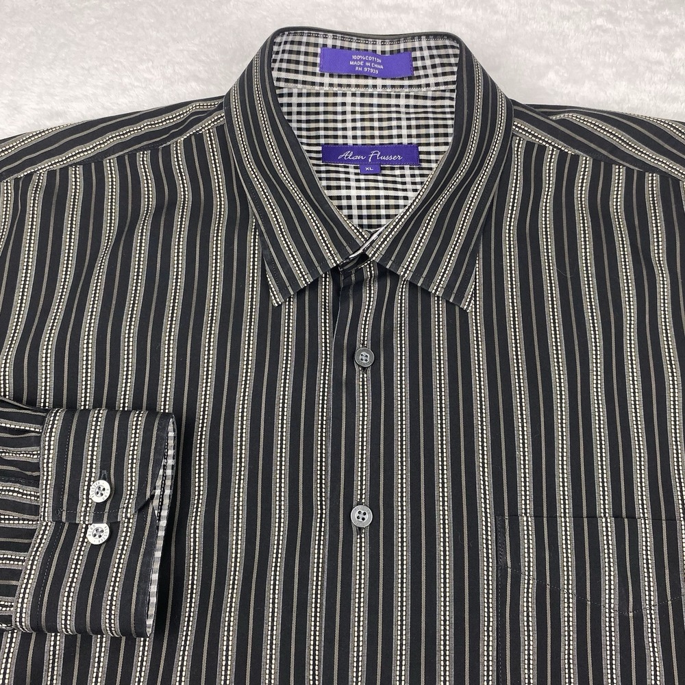 Alan Flusser Mens Dress Shirt XL Black w/Gray Stripes Contrasting Trim